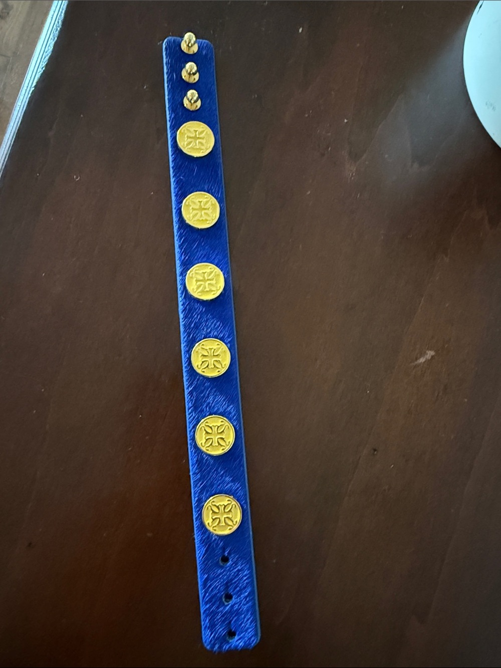 Rustic Cuff Blue Leather Snap Bracelet with Gold Medallions
